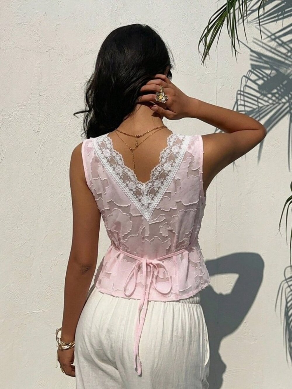 Multicolor Elegant Women's Contrast Lace V-Neck Cutout Blouse